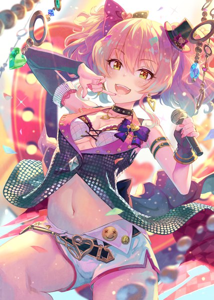 Anime picture 744x1044 with idolmaster idolmaster cinderella girls jougasaki mika terumii single tall image looking at viewer blush fringe short hair open mouth light erotic hair between eyes twintails yellow eyes pink hair nail polish finger to mouth short twintails heart overflow