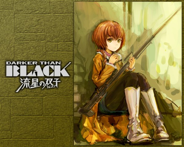 Anime picture 1280x1024 with darker than black studio bones suou pavlichenko conjaku single long hair brown hair sitting brown eyes full body braid (braids) wallpaper copyright name single braid girl weapon pantyhose black pantyhose gun knee boots