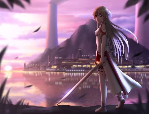 Anime picture 1300x1000 with sword art online a-1 pictures yuuki asuna siraha single long hair brown hair brown eyes looking back cityscape girl thighhighs weapon detached sleeves white thighhighs sword