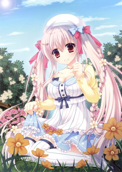 Anime picture 2489x3500 with original furukawa lemon single tall image looking at viewer blush highres smile red eyes twintails absurdres white hair braid (braids) very long hair scan official art girl dress flower (flowers) bow