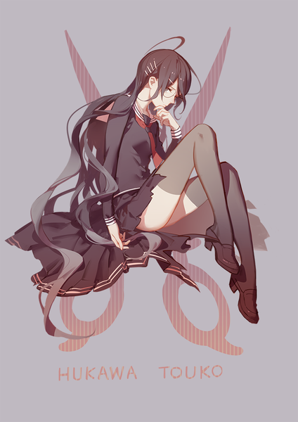 Anime picture 707x1000 with dangan ronpa fukawa touko ask (askzy) single tall image looking at viewer black hair sitting full body ahoge very long hair black eyes zettai ryouiki character names girl thighhighs skirt uniform hair ornament black thighhighs