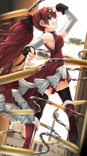 Anime picture 640x1136 with mahou shoujo madoka magica shaft (studio) sakura kyouko tagme (artist) single long hair tall image fringe smile red eyes bare shoulders ponytail red hair profile hand on head bouncing breasts girl thighhighs dress weapon