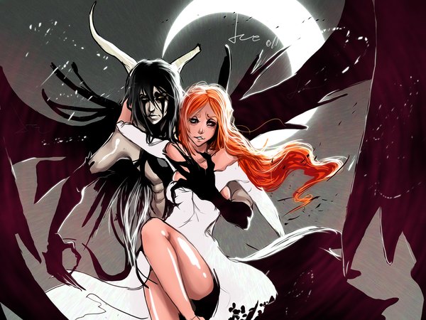 Anime picture 1280x960 with bleach studio pierrot inoue orihime ulquiorra schiffer the-dolphins-cry long hair black hair simple background holding brown eyes yellow eyes looking away horn (horns) orange hair night grey background night sky couple hug black wings