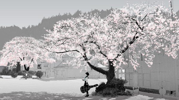 Anime picture 1920x1080 with original emukami single highres short hair black hair wide image looking away wallpaper cherry blossoms girl skirt uniform plant (plants) petals pantyhose tree (trees) serafuku shoes building (buildings)