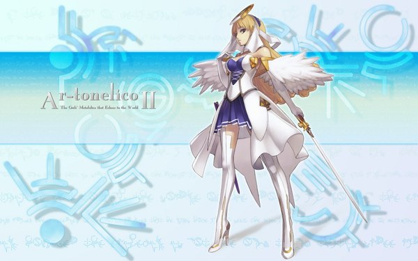 Anime picture 1680x1050 with ar tonelico ar tonelico ii gust (company) chroche latel pastalie nagi ryou single looking at viewer breasts blonde hair wide image standing purple eyes bare shoulders holding cleavage full body arm up high heels copyright name angel wings