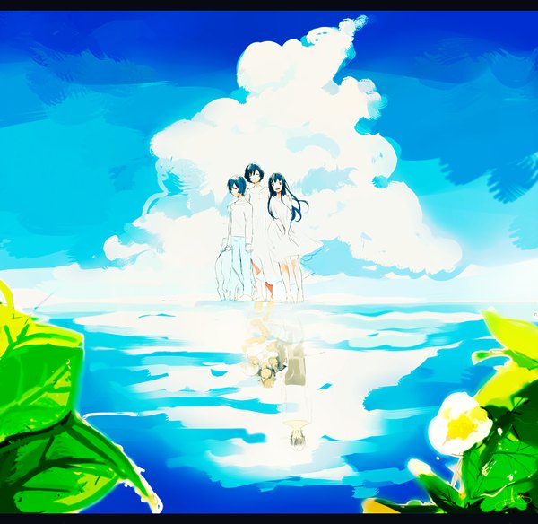 Anime picture 2547x2481 with ookami kodomo no ame to yuki hana (ookami kodomo) yuki (ookami kodomo) ame (ookami kodomo) ookami otoko (ookami kodomo) maydell long hair highres short hair red eyes standing blue hair sky cloud (clouds) eyes closed barefoot hug reflection letterboxed wolf ears