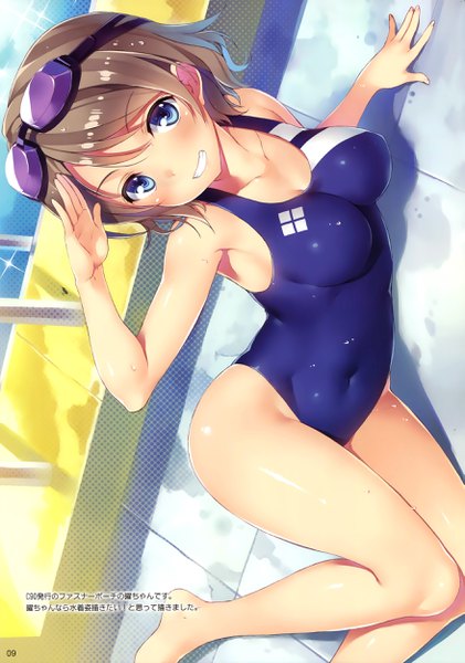 Anime picture 1753x2500 with love live! sunshine!! sunrise (studio) love live! watanabe you yuuki hagure single tall image looking at viewer highres short hair breasts blue eyes light erotic smile brown hair scan arm support armpit (armpits) covered navel reclining