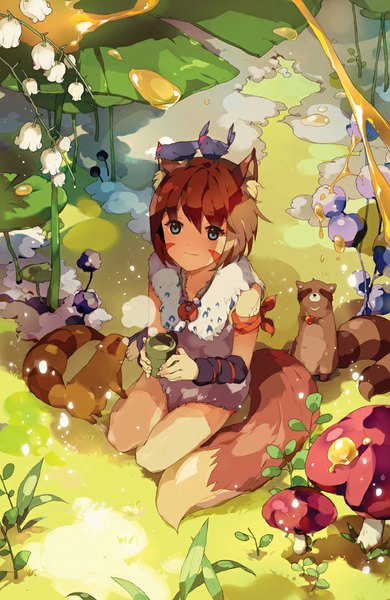 Anime picture 700x1076 with original tiru (artist) single tall image looking at viewer short hair blue eyes brown hair animal ears tail animal tail from above fur trim kneeling facial mark minigirl girl flower (flowers) detached sleeves animal