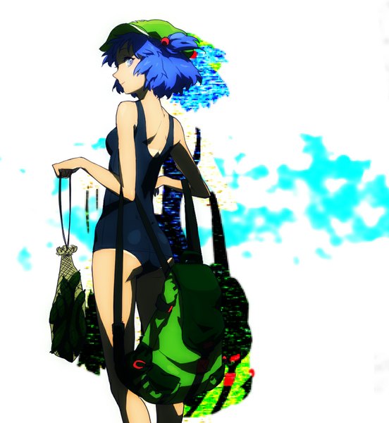 Anime picture 920x1000 with touhou kawashiro nitori egawa satsuki single tall image short hair blue eyes light erotic simple background standing white background twintails holding blue hair ass profile looking back light smile shadow back
