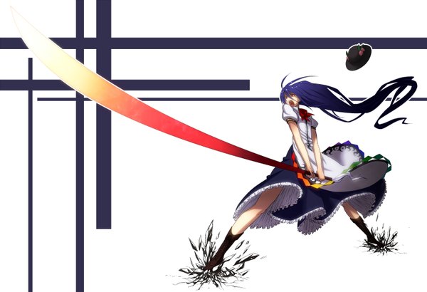 Anime picture 1463x1000 with touhou hinanawi tenshi single long hair blue hair girl weapon hat sword boots katana apron knee boots