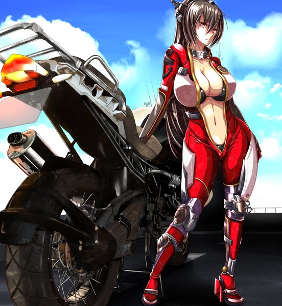Anime picture 1103x1200 with kantai collection bmw nagato battleship traces single long hair tall image breasts light erotic brown hair standing looking away sky cloud (clouds) pink eyes hand on hip huge breasts center opening skin tight girl