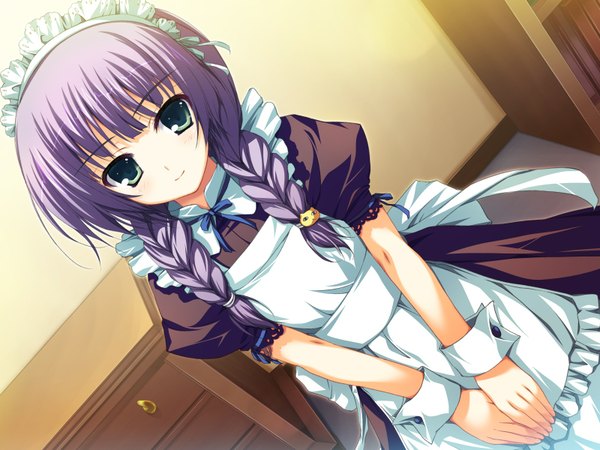 Anime picture 1600x1200 with akatsuki no goei tomose shunsaku single long hair looking at viewer smile standing green eyes silver hair indoors braid (braids) short sleeves maid puffy sleeves twin braids girl frills headdress maid headdress wrist cuffs