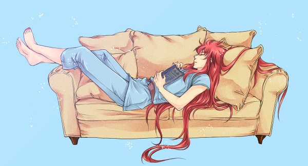 Anime picture 1280x692 with saint seiya toei animation aquarius camus single long hair simple background wide image red hair lying eyes closed very long hair barefoot blue background sleeping boy book (books) couch pajamas