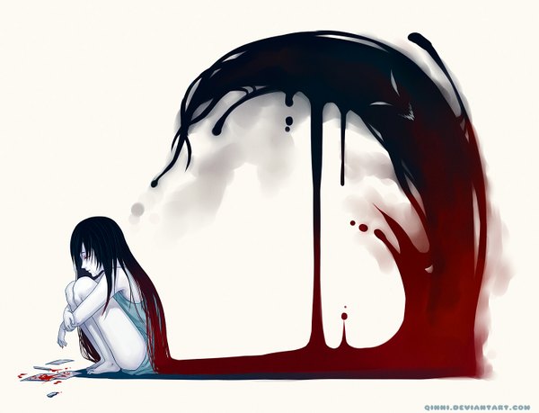Anime picture 1456x1114 with original qinni (artist) single black hair simple background red eyes white background sitting bare shoulders red hair very long hair profile tears crying girl paper paint