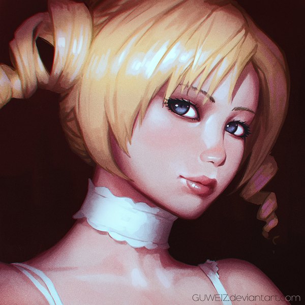 Anime picture 900x900 with catherine (game) catherine guweiz single long hair looking at viewer blush fringe blue eyes simple background blonde hair twintails signed head tilt light smile lips realistic sleeveless lipstick drill hair