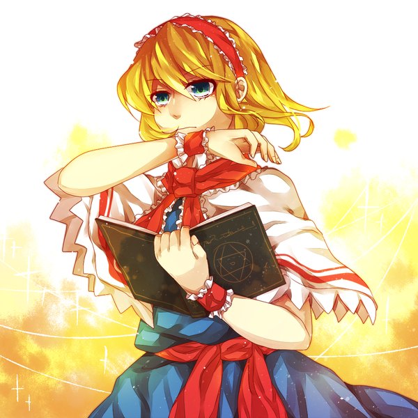 Anime picture 1024x1024 with touhou alice margatroid hanaon (artist) single short hair simple background blonde hair green eyes girl dress hairband book (books) wrist cuffs mantle