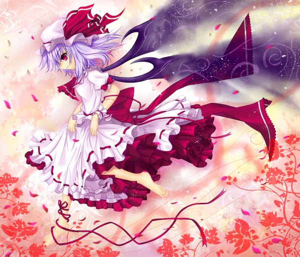 Anime picture 1350x1157 with touhou remilia scarlet cloudy.r short hair red eyes purple hair profile girl dress ribbon (ribbons) hat petals wings
