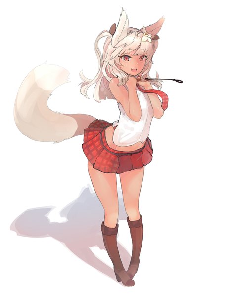 Anime picture 1378x1733 with original ehrrr single long hair tall image looking at viewer fringe open mouth simple background smile red eyes white background bare shoulders animal ears white hair tail :d animal tail pleated skirt hair flower
