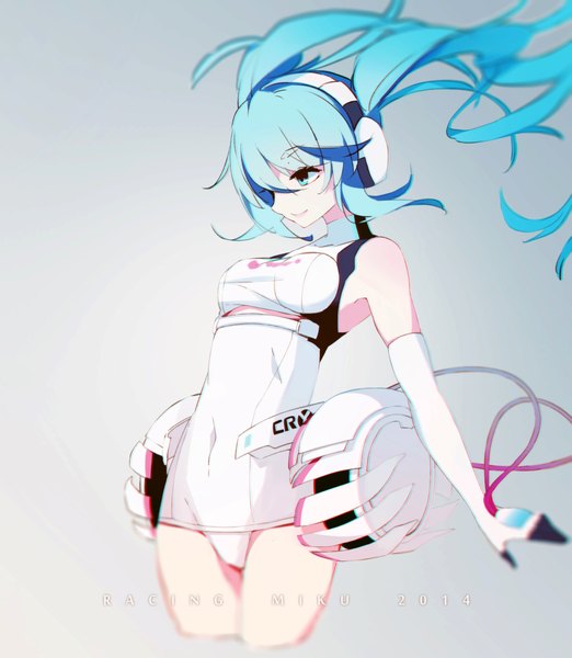 Anime picture 1968x2263 with vocaloid goodsmile racing hatsune miku racing miku racing miku (2014) erolcy single long hair tall image fringe highres simple background smile twintails bare shoulders wind grey background character names 2014 girl