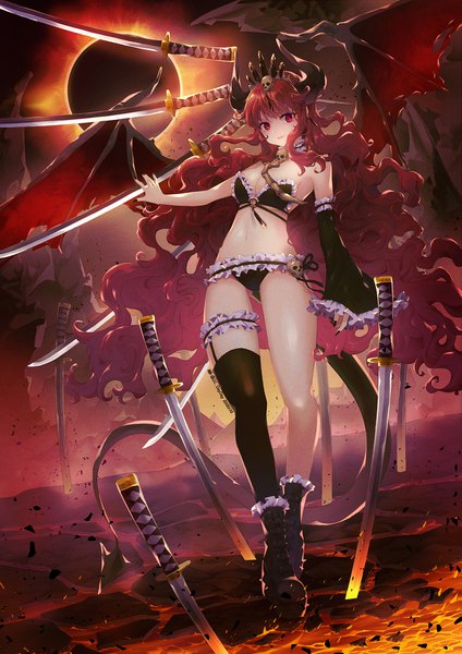Anime picture 1403x1984 with original jii dayday single tall image looking at viewer fringe breasts open mouth light erotic red eyes large breasts signed payot sky cleavage full body red hair tail very long hair nail polish