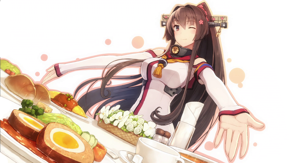 Anime picture 1920x1080 with kantai collection yamato super battleship shizuma yoshinori single long hair looking at viewer blush fringe highres breasts simple background smile brown hair wide image standing white background brown eyes ponytail one eye closed wink
