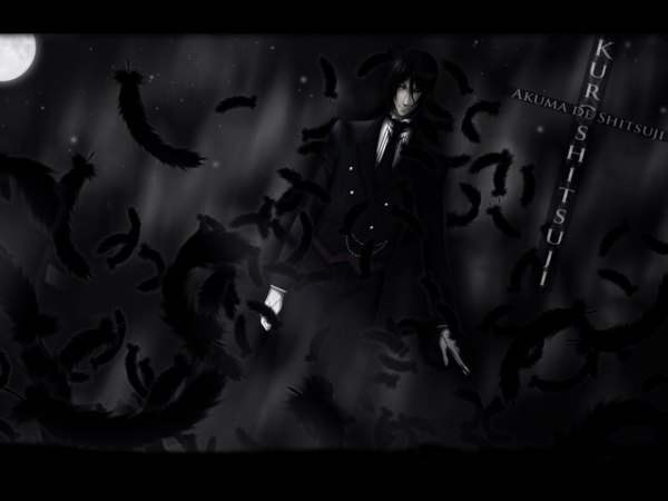 Anime picture 1280x960 with kuroshitsuji a-1 pictures sebastian michaelis single short hair black hair smile red eyes butler boy gloves necktie moon feather (feathers) suit