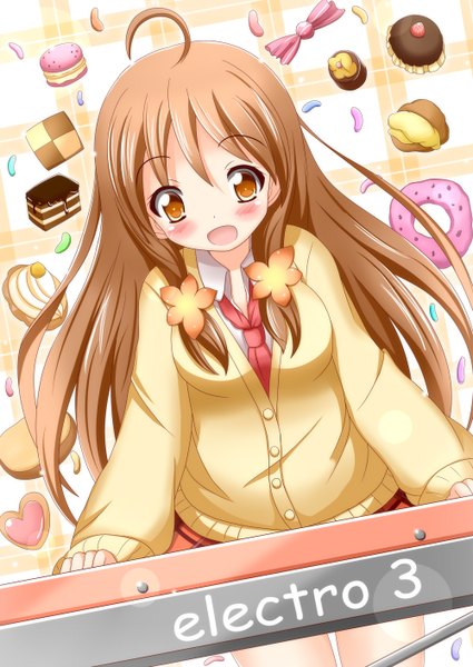 Anime picture 1000x1412 with hinabita yamagata marika xenon (artist) single long hair tall image blush open mouth smile brown hair brown eyes girl uniform hair ornament school uniform necktie food sweets musical instrument keyboard (instrument)