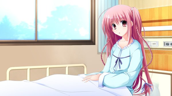 Anime picture 1280x720 with sakura no sora to kimi no koto sakuno kanata long hair red eyes wide image twintails pink hair game cg short twintails girl pajamas