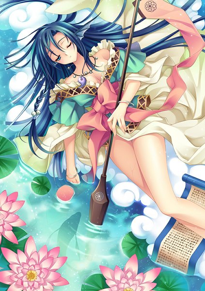 Anime picture 750x1060 with original riv single long hair tall image looking at viewer blue eyes blue hair one eye closed wink girl dress flower (flowers) bow water pendant fish (fishes)