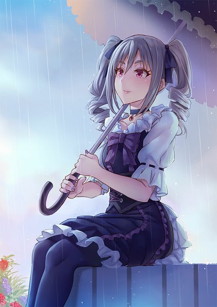 Anime picture 717x1012 with idolmaster idolmaster cinderella girls kanzaki ranko zhen lu single long hair tall image fringe smile sitting twintails holding looking away sky silver hair cloud (clouds) bent knee (knees) pink eyes lips drill hair