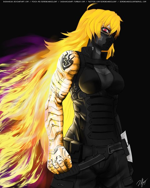 Anime picture 1500x1875 with rwby captain america civil war rooster teeth marvel comics yang xiao long winter soldier (bucky) dashahead single long hair tall image looking at viewer fringe breasts blonde hair simple background hair between eyes standing signed ahoge pink eyes