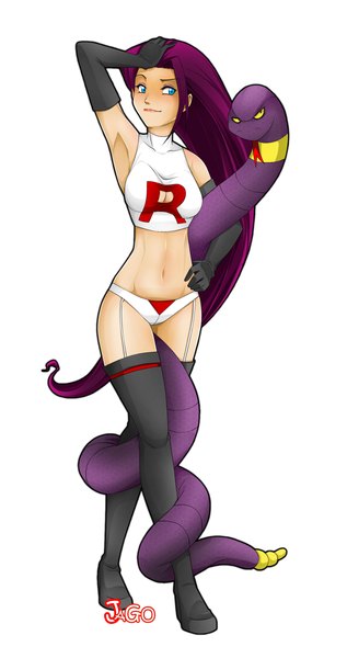 Anime picture 1258x2381 with pokemon nintendo jessie (pokemon) ekans jagodibuja tall image breasts blue eyes light erotic simple background smile standing white background signed looking away purple hair very long hair bare belly midriff hand on hip