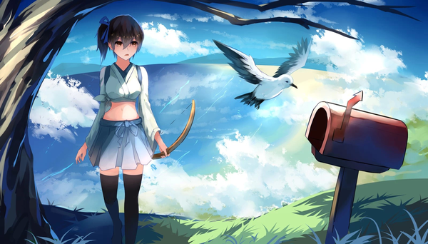 Anime picture 1600x914 with kantai collection original kaga aircraft carrier .l.l single long hair fringe black hair wide image standing sky ponytail pleated skirt sunlight bare belly flying sunbeam bare tree girl thighhighs