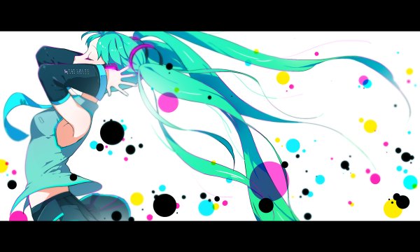 Anime picture 1200x720 with vocaloid hatsune miku doushimasho single wide image white background twintails bare shoulders eyes closed very long hair profile green hair hands on head girl detached sleeves necktie headphones