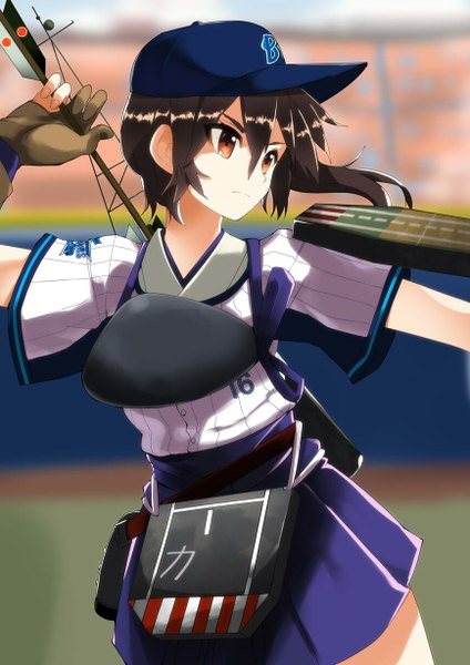 Anime picture 868x1228 with kantai collection kaga aircraft carrier kanameya single tall image fringe short hair brown hair standing holding brown eyes looking away ponytail profile fingernails alternate costume side ponytail serious girl skirt
