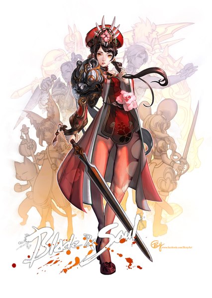Anime picture 1242x1750 with blade & soul b.c.n.y. (bcnyart) long hair tall image looking at viewer black hair simple background white background orange eyes legs chinese clothes girl weapon sword headdress chinese dress