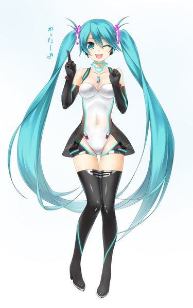 Anime picture 1000x1600 with vocaloid hatsune miku wacchi single tall image open mouth simple background white background twintails bare shoulders very long hair one eye closed wink aqua hair girl dress gloves elbow gloves thigh boots