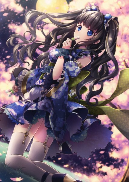 Anime picture 2132x2994 with original riichu single long hair tall image highres blue eyes black hair scan cherry blossoms girl thighhighs dress hair ornament plant (plants) detached sleeves petals white thighhighs tree (trees) moon