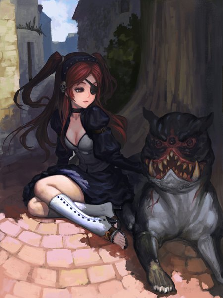 Anime picture 800x1067 with original xiaji single long hair tall image red eyes sitting red hair teeth fang (fangs) scar demon girl dress plant (plants) tree (trees) hairband eyepatch monster