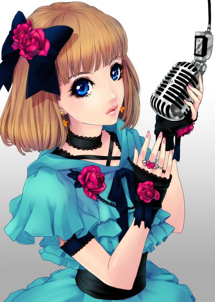 Anime picture 800x1120 with original kunishige keiichi single tall image looking at viewer short hair blue eyes brown hair girl dress flower (flowers) bow hair bow microphone