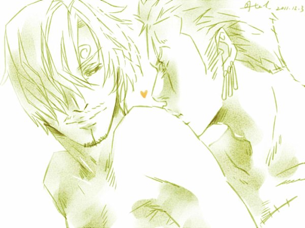 Anime picture 1010x757 with one piece toei animation roronoa zoro sanji hel fringe short hair simple background white background bare shoulders signed eyes closed profile light smile hair over one eye multiple boys monochrome scar topless kiss