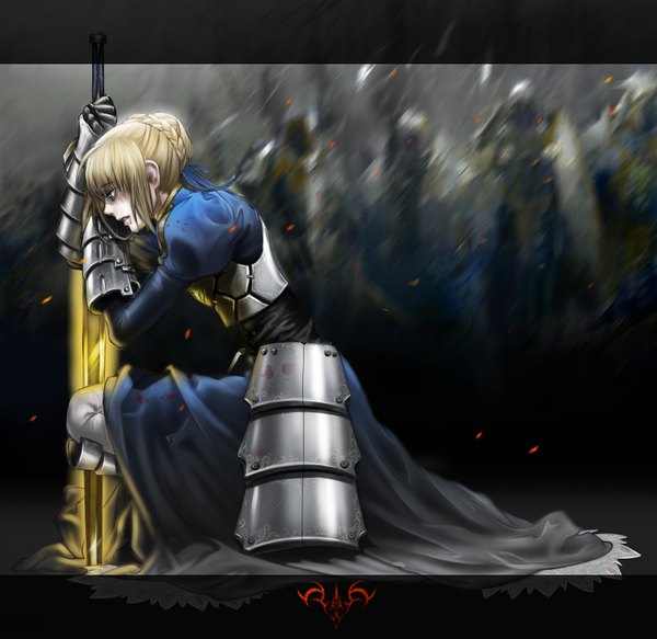 Anime picture 1538x1496 with fate (series) fate/stay night fate/zero studio deen type-moon artoria pendragon (all) saber monkey (weibo) single blonde hair green eyes glowing army girl dress gloves weapon sword armor blood