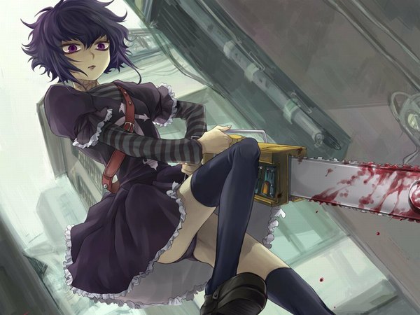 Anime picture 1024x768 with black lagoon madhouse frederica sawyer single short hair light erotic purple eyes purple hair scar street girl thighhighs dress underwear panties black thighhighs blood lace chainsaw