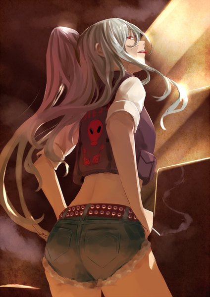 Anime picture 800x1131 with original kachayori long hair tall image fringe red eyes standing ponytail looking back grey hair soles smoke twisty sleeves hands on hips girl shorts belt tongue cigarette
