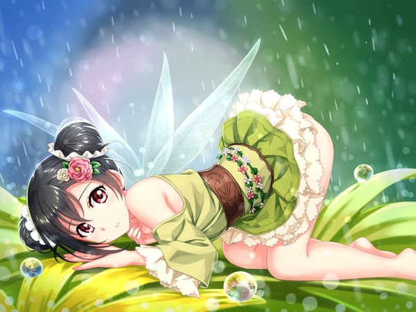 Anime picture 1440x1080 with love live! school idol project sunrise (studio) love live! yazawa nico tucana single looking at viewer short hair light erotic black hair red eyes bare shoulders hair bun (hair buns) girl dress wings bubble (bubbles)