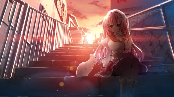 Anime picture 2000x1125 with 12 no tsuki no eve shiina mizuka single long hair looking at viewer blush highres red eyes wide image sitting pink hair cloud (clouds) evening sunset girl dress boots cat beret stairs