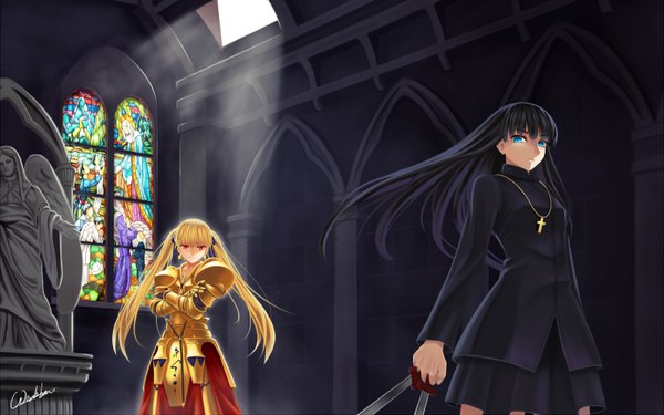 Anime picture 1600x1002 with fate (series) fate/stay night fate/zero studio deen type-moon gilgamesh (fate) kotomine kirei werkbau (artist) long hair blue eyes black hair blonde hair red eyes wide image twintails multiple girls indoors sunlight dutch angle genderswap