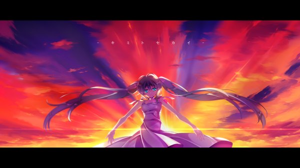 Anime picture 1920x1080 with vocaloid hatsune miku single long hair highres wide image standing twintails bare shoulders sky aqua eyes wind aqua hair evening sunset scenic girl dress