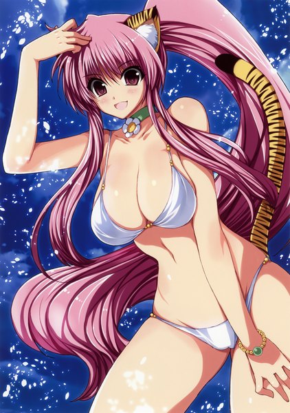 Anime picture 2161x3069 with original shinano yura single tall image highres breasts light erotic large breasts animal ears pink hair ponytail tail very long hair animal tail pink eyes cat ears scan cat girl cat tail girl