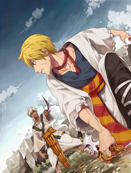 Anime picture 1100x1450 with magi the labyrinth of magic a-1 pictures ali baba saluja sharrkan kuehsy tall image fringe short hair open mouth blonde hair holding brown eyes sky cloud (clouds) bent knee (knees) white hair wide sleeves multiple boys fighting stance angry